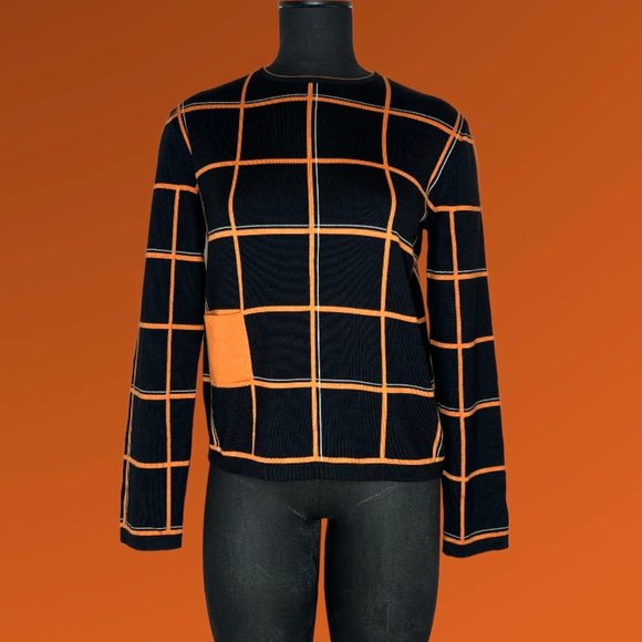Hermes Womens Tattersall Sweater Wool & Silk EU 40 Pullover Orange Black NWT - Picture 13 of 14